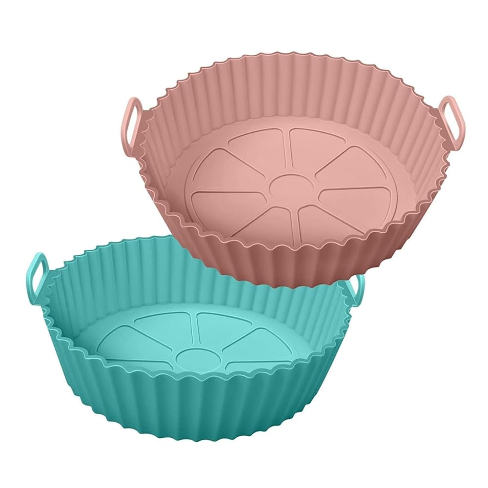 Air Fryer Liner Bowl with Side Handles, Round Cooking Basket Insert for Air Fryer, Microwave, Oven and Steamer, Dishwasher Safe Reusable Liner (2 Pieces)