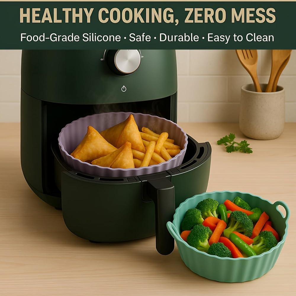 Air Fryer Liner Bowl with Side Handles, Round Cooking Basket Insert for Air Fryer, Microwave, Oven and Steamer, Dishwasher Safe Reusable Liner (2 Pieces) image 3