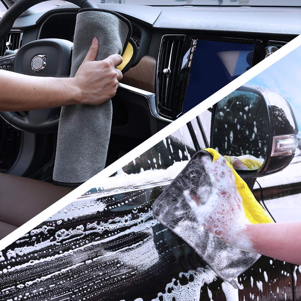 Microfiber Cleaning Cloth 40 cm x 40 cm, Dual-Sided Yellow and Grey Microfiber Towel 800 GSM with Hanging Loop for Car, Glass and Household Surface Cleaning (Pack of 4) image 6