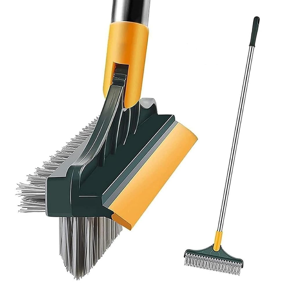 3 in 1 Floor Cleaning Brush with Wiper | Long Handle Floor Scrub Brush with V Shape Bristles and Scraper | Rotating Head Cleaning Brush for Bathroom Floor Tiles Kitchen and Balcony
