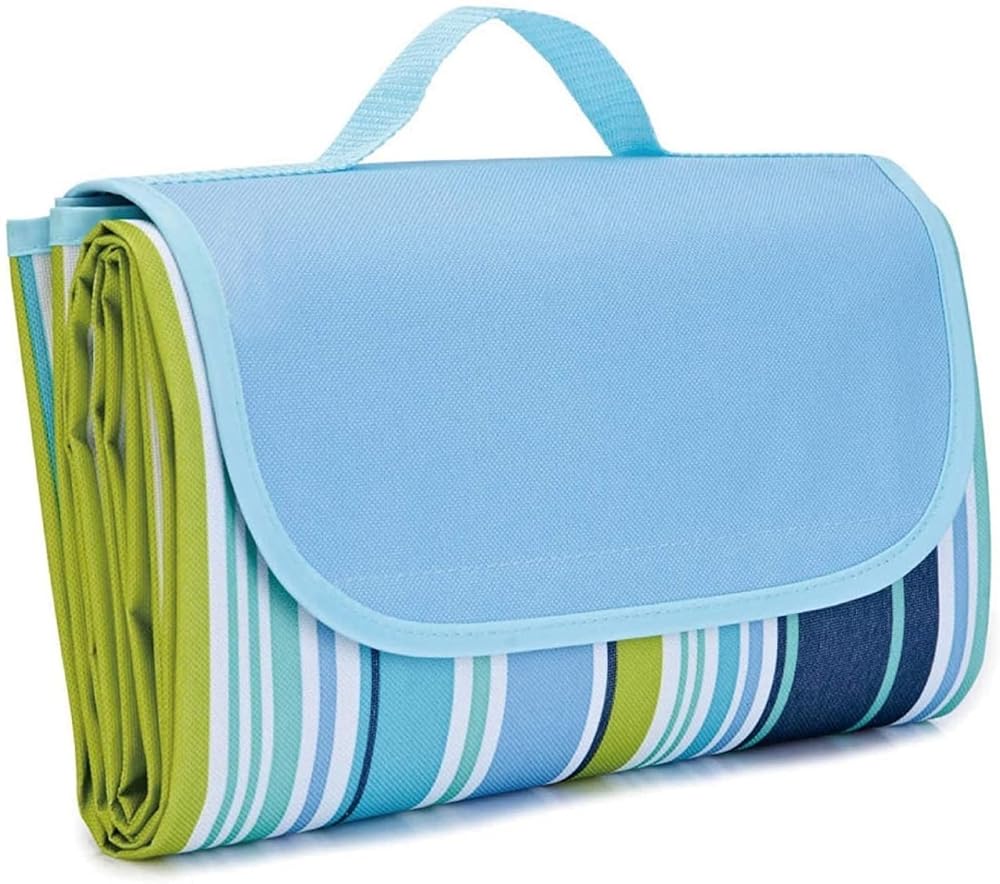 Foldable Picnic Mat Outdoor Ground Sheet with Carry Handle and Velcro Closure, Striped Design Oxford Fabric Surface with PVC Waterproof Layer, Portable Folding Mat for Beach Park Travel Use