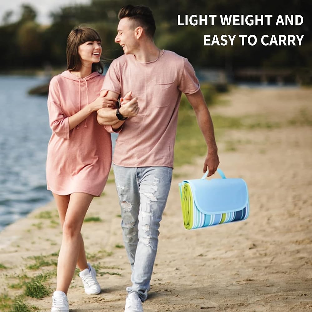 Foldable Picnic Mat Outdoor Ground Sheet with Carry Handle and Velcro Closure, Striped Design Oxford Fabric Surface with PVC Waterproof Layer, Portable Folding Mat for Beach Park Travel Use image 11