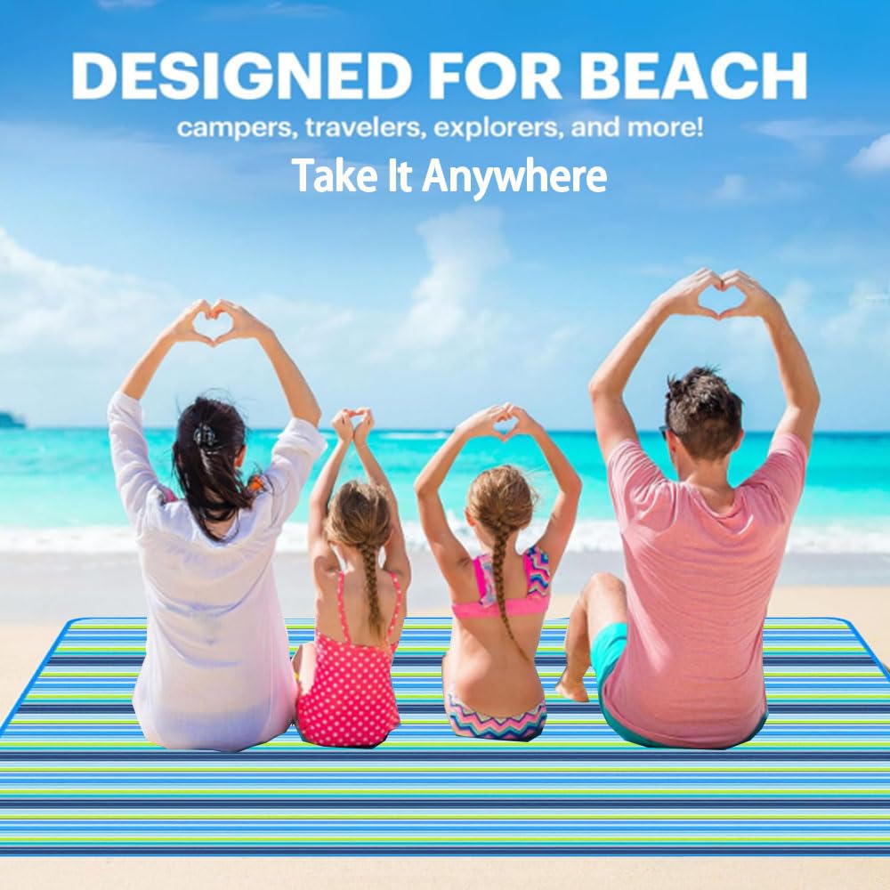 Foldable Picnic Mat Outdoor Ground Sheet with Carry Handle and Velcro Closure, Striped Design Oxford Fabric Surface with PVC Waterproof Layer, Portable Folding Mat for Beach Park Travel Use image 3