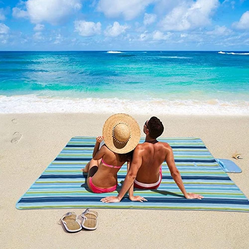 Foldable Picnic Mat Outdoor Ground Sheet with Carry Handle and Velcro Closure, Striped Design Oxford Fabric Surface with PVC Waterproof Layer, Portable Folding Mat for Beach Park Travel Use image 5