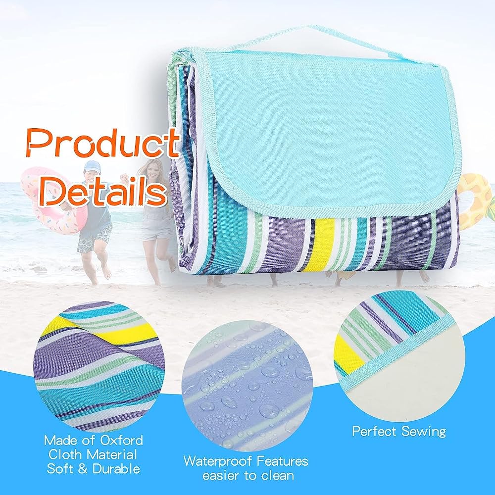 Foldable Picnic Mat Outdoor Ground Sheet with Carry Handle and Velcro Closure, Striped Design Oxford Fabric Surface with PVC Waterproof Layer, Portable Folding Mat for Beach Park Travel Use image 7