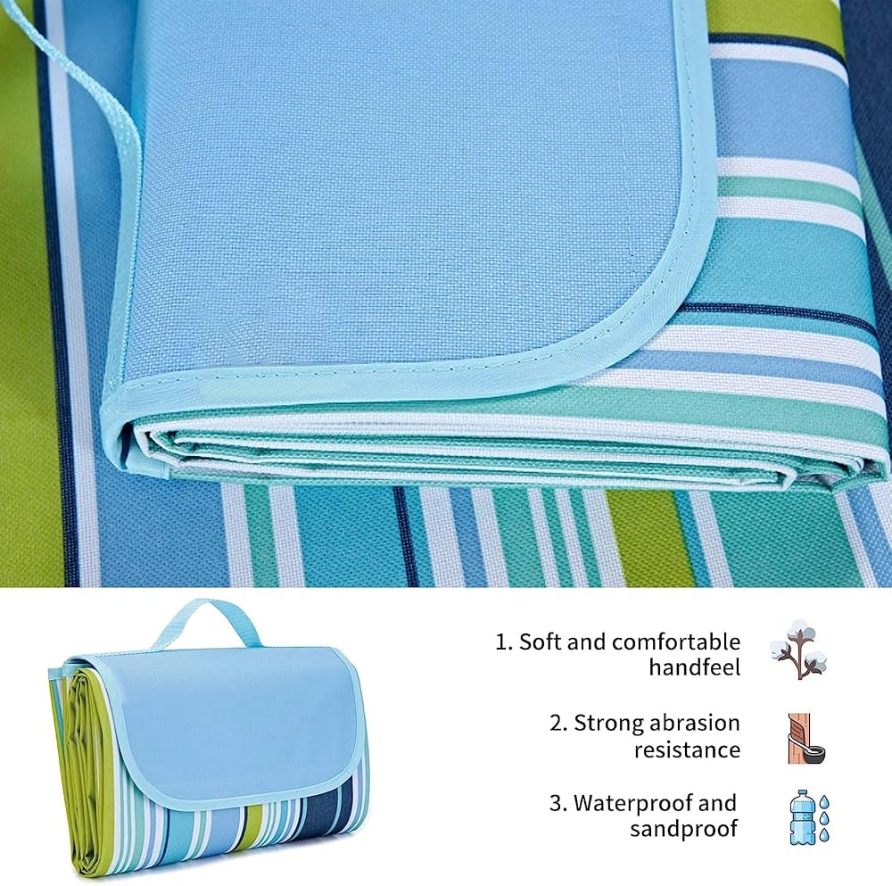Foldable Picnic Mat Outdoor Ground Sheet with Carry Handle and Velcro Closure, Striped Design Oxford Fabric Surface with PVC Waterproof Layer, Portable Folding Mat for Beach Park Travel Use image 8