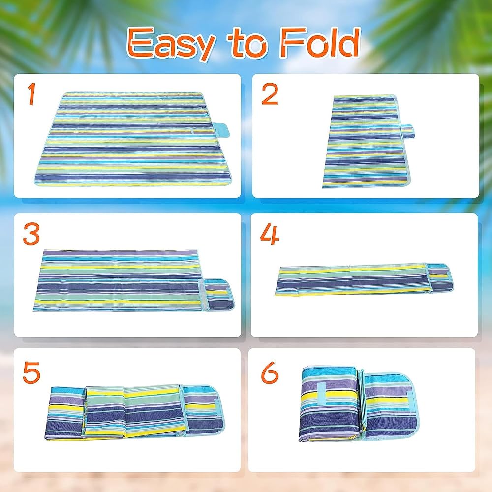 Foldable Picnic Mat Outdoor Ground Sheet with Carry Handle and Velcro Closure, Striped Design Oxford Fabric Surface with PVC Waterproof Layer, Portable Folding Mat for Beach Park Travel Use image 9