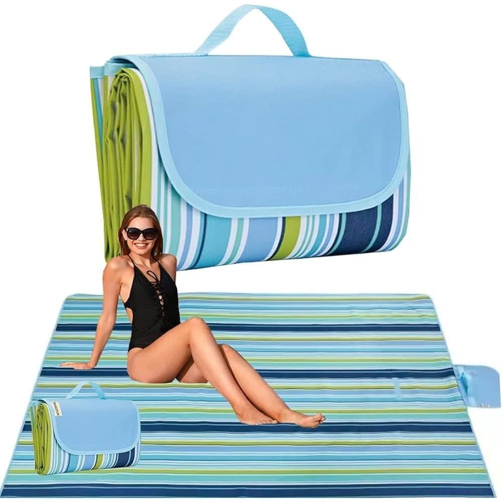 Foldable Picnic Mat Outdoor Ground Sheet with Carry Handle and Velcro Closure, Striped Design Oxford Fabric Surface with PVC Waterproof Layer, Portable Folding Mat for Beach Park Travel Use image 2