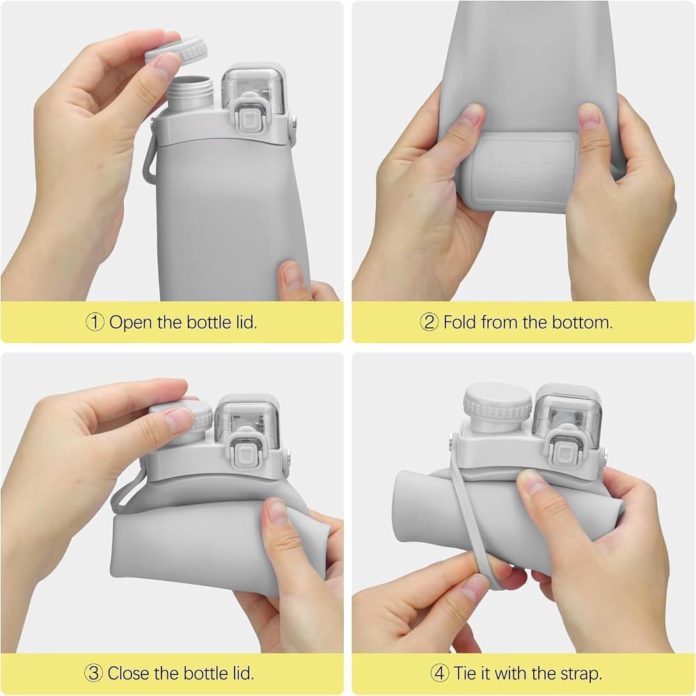 600ml Folding Collapsible Silicone Water Bottle with Straw & Hook, Dual Drinking Port with Straw and Direct Sip, Wide Mouth Removable Lid, Travel Bottle for Gym, Sports, School & Outdoor image 2