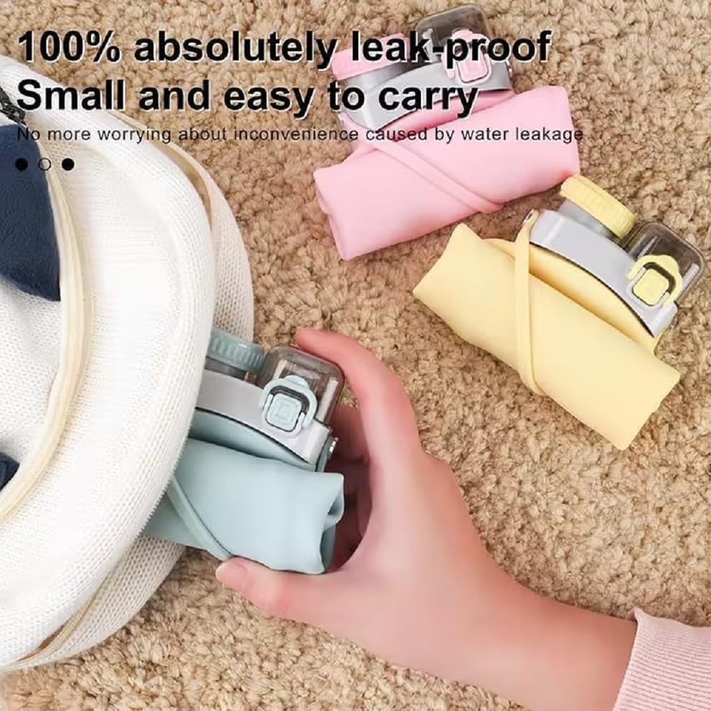 600ml Folding Collapsible Silicone Water Bottle with Straw & Hook, Dual Drinking Port with Straw and Direct Sip, Wide Mouth Removable Lid, Travel Bottle for Gym, Sports, School & Outdoor image 6