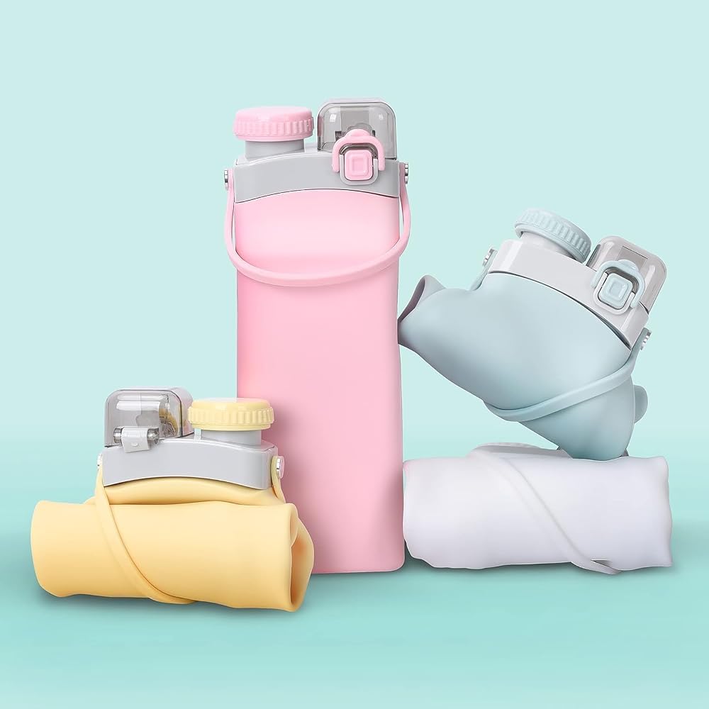 600ml Folding Collapsible Silicone Water Bottle with Straw & Hook, Dual Drinking Port with Straw and Direct Sip, Wide Mouth Removable Lid, Travel Bottle for Gym, Sports, School & Outdoor image 8