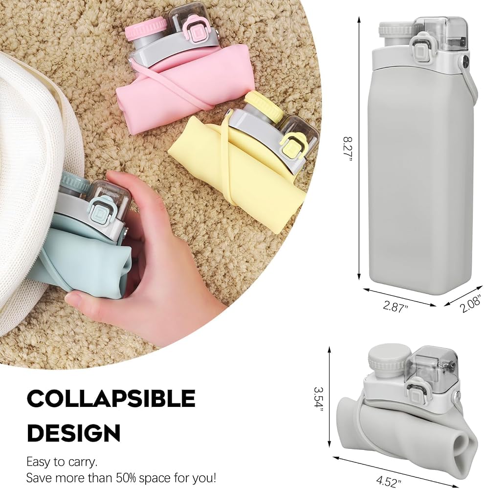 600ml Folding Collapsible Silicone Water Bottle with Straw & Hook, Dual Drinking Port with Straw and Direct Sip, Wide Mouth Removable Lid, Travel Bottle for Gym, Sports, School & Outdoor image 9