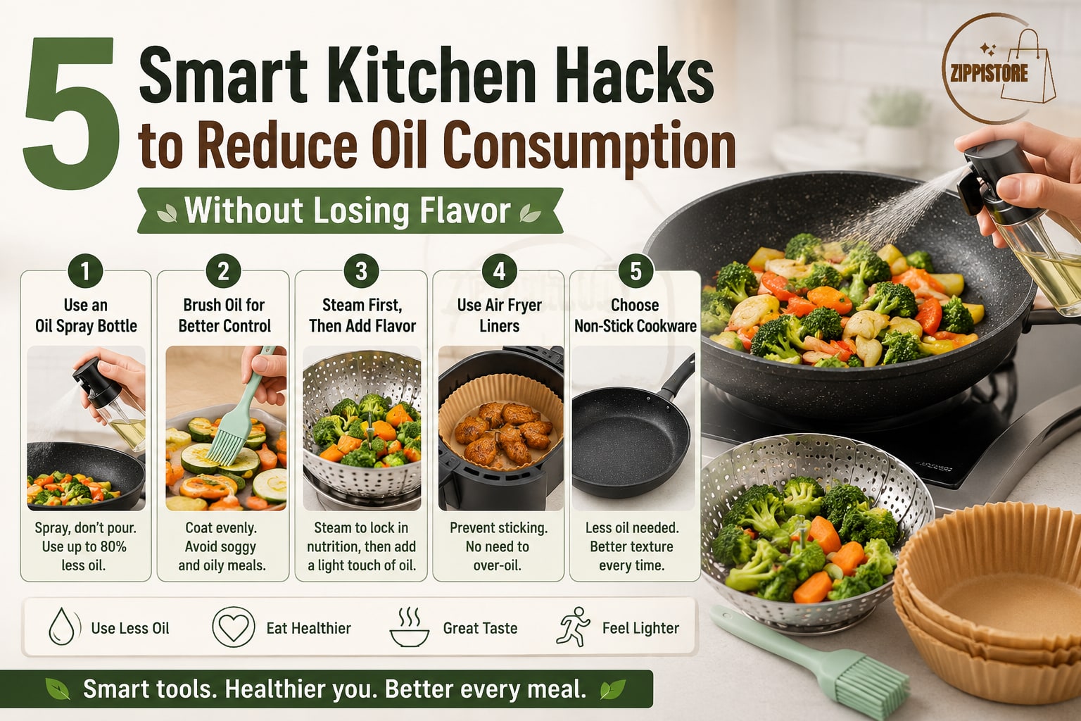Infographic showing 5 smart kitchen hacks to reduce oil consumption, including using an oil spray bottle, silicone brush, steaming vegetables, air fryer liners, and non-stick cookware. Healthy vegetables are being cooked in a pan with a light oil mist, alongside kitchen tools that support low-oil cooking.