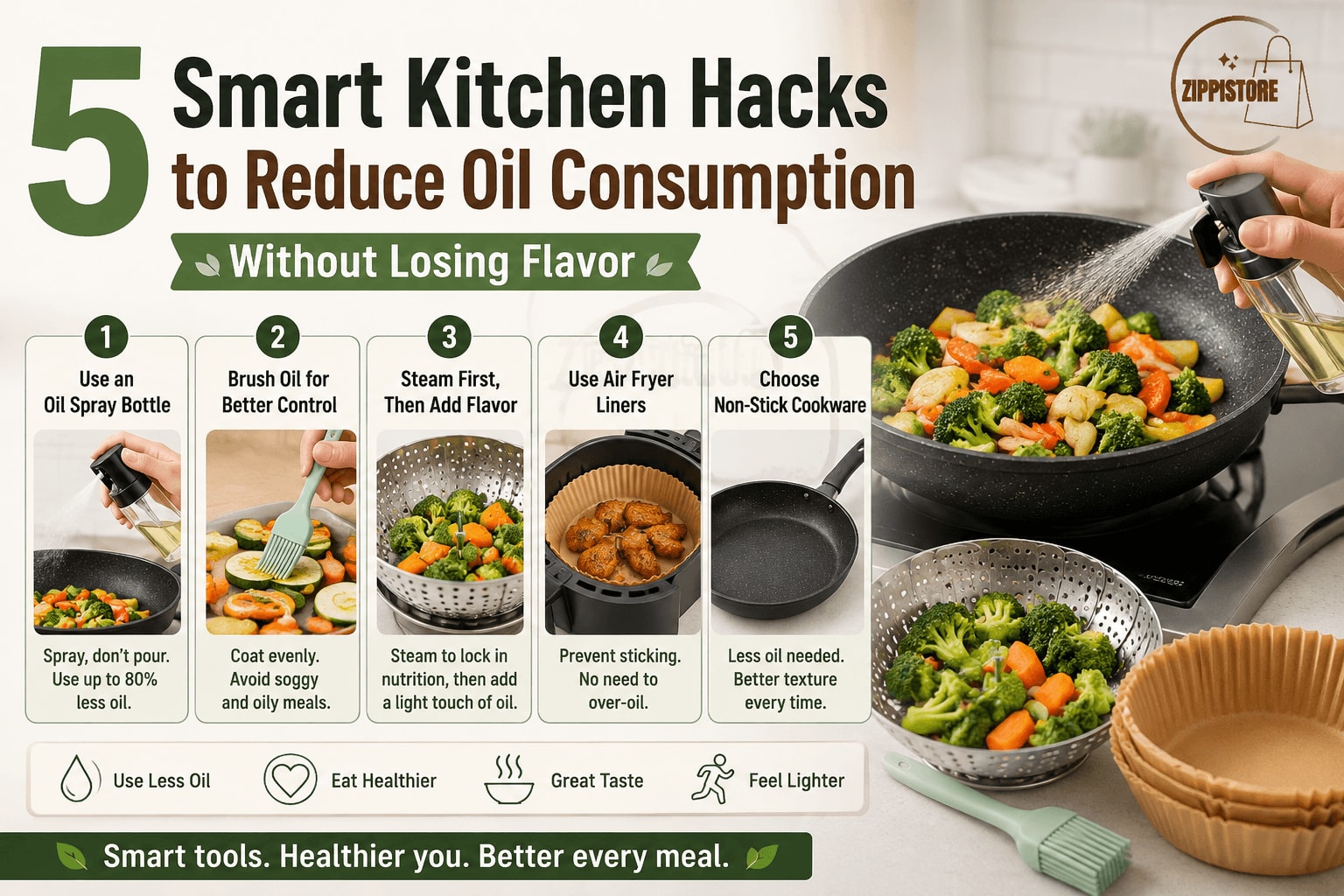 Infographic showing 5 smart kitchen hacks to reduce oil consumption, including using an oil spray bottle, silicone brush, steaming vegetables, air fryer liners, and non-stick cookware. Healthy vegetables are being cooked in a pan with a light oil mist, alongside kitchen tools that support low-oil cooking.