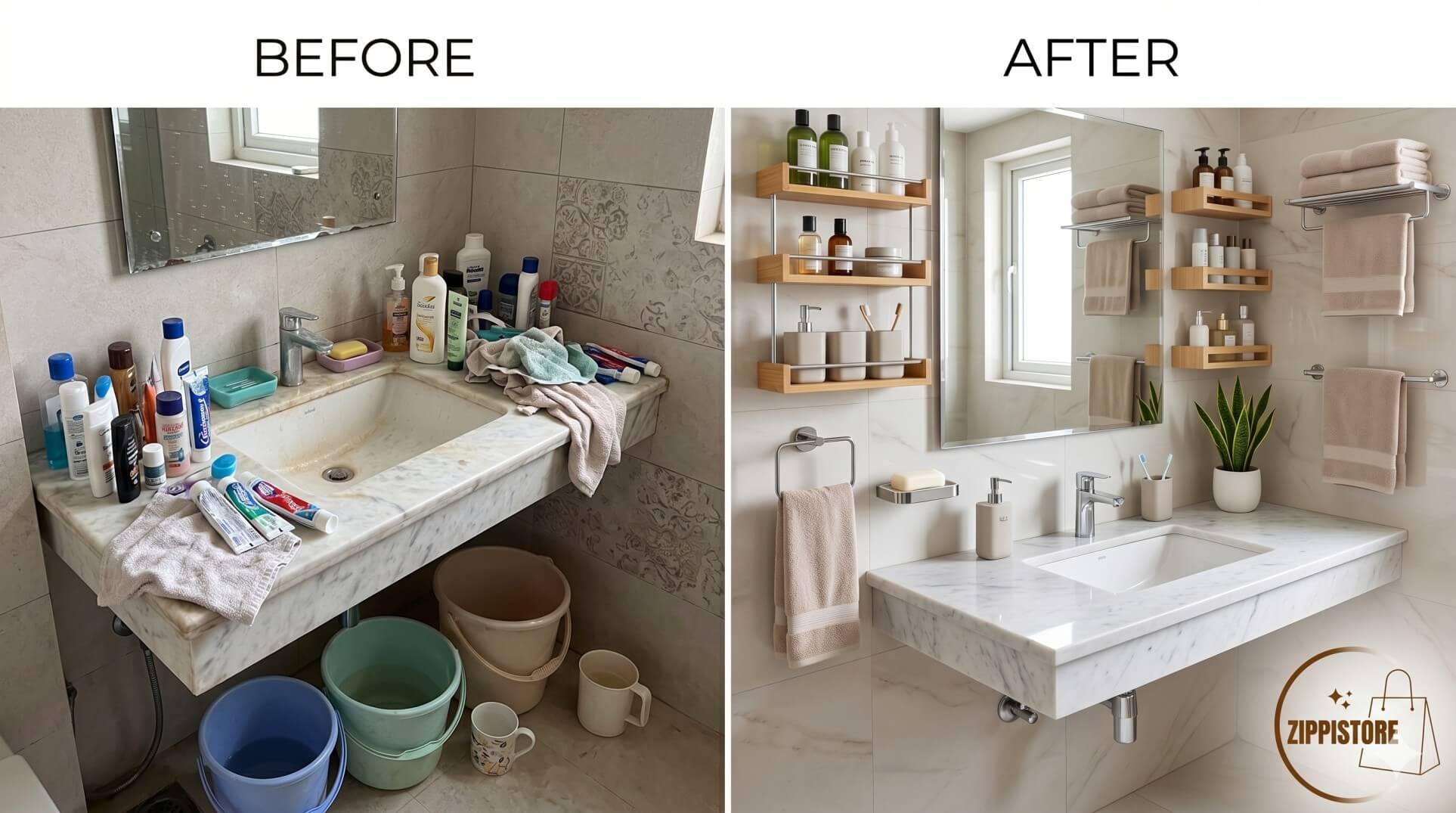 Organized bathroom with smart storage solutions and wall-mounted accessories