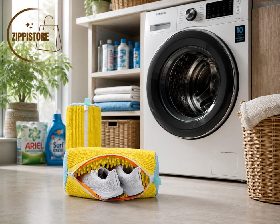 Shoe washing bag for washing machine in an Indian laundry room