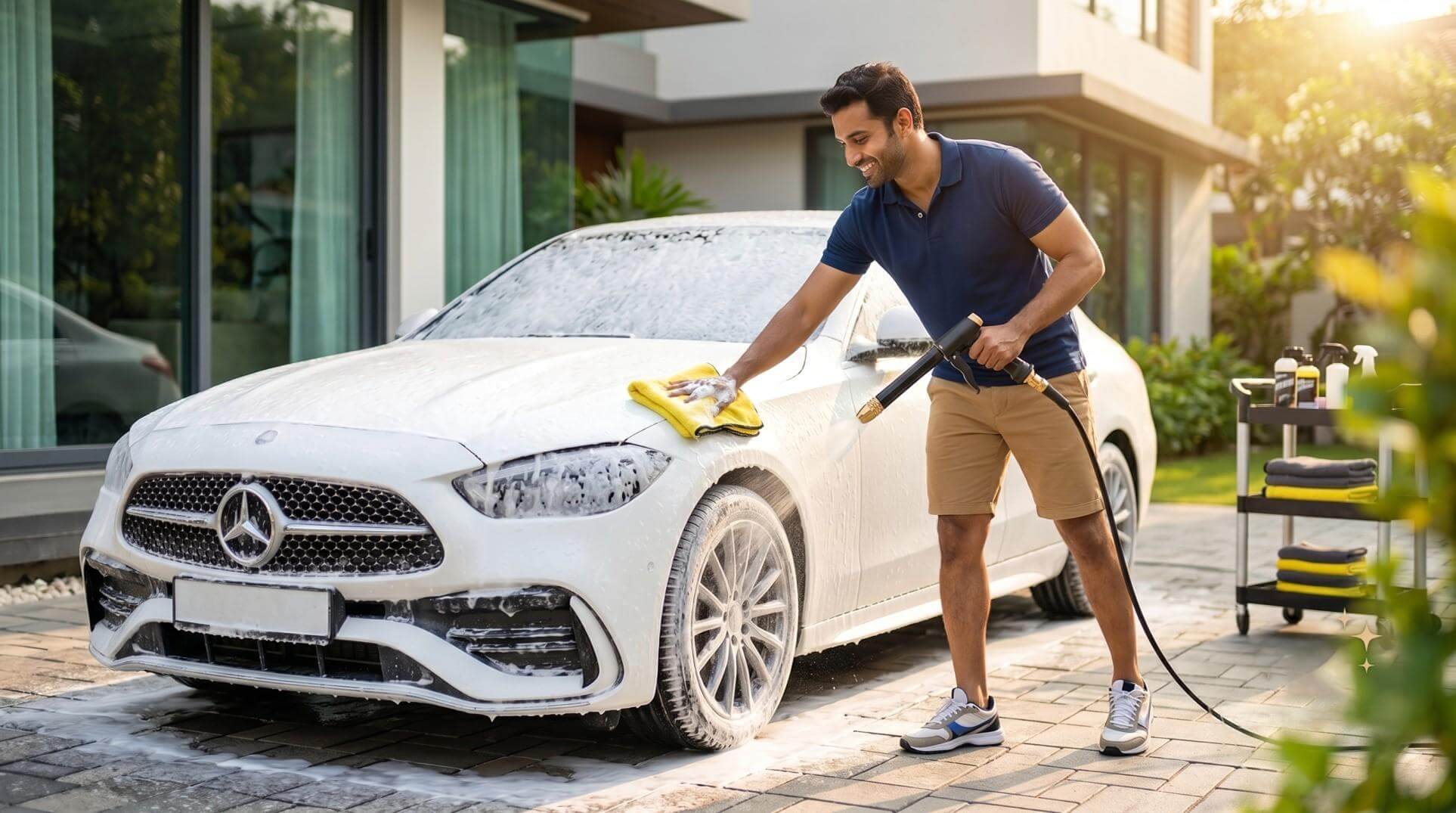 A professional man washing a snow-foamed Mercedes-Benz using a premium Zippi Store high-pressure spray gun and a yellow microfiber cleaning cloth in a sunny driveway.