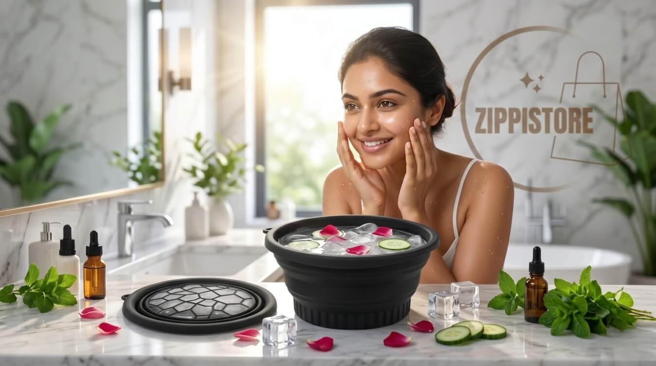 A glowing young Indian woman refreshing her face at a luxurious marble bathroom vanity, featuring a black silicone collapsible ice facial bowl filled with ice water, cucumber slices, and rose petals for a morning skincare routine.