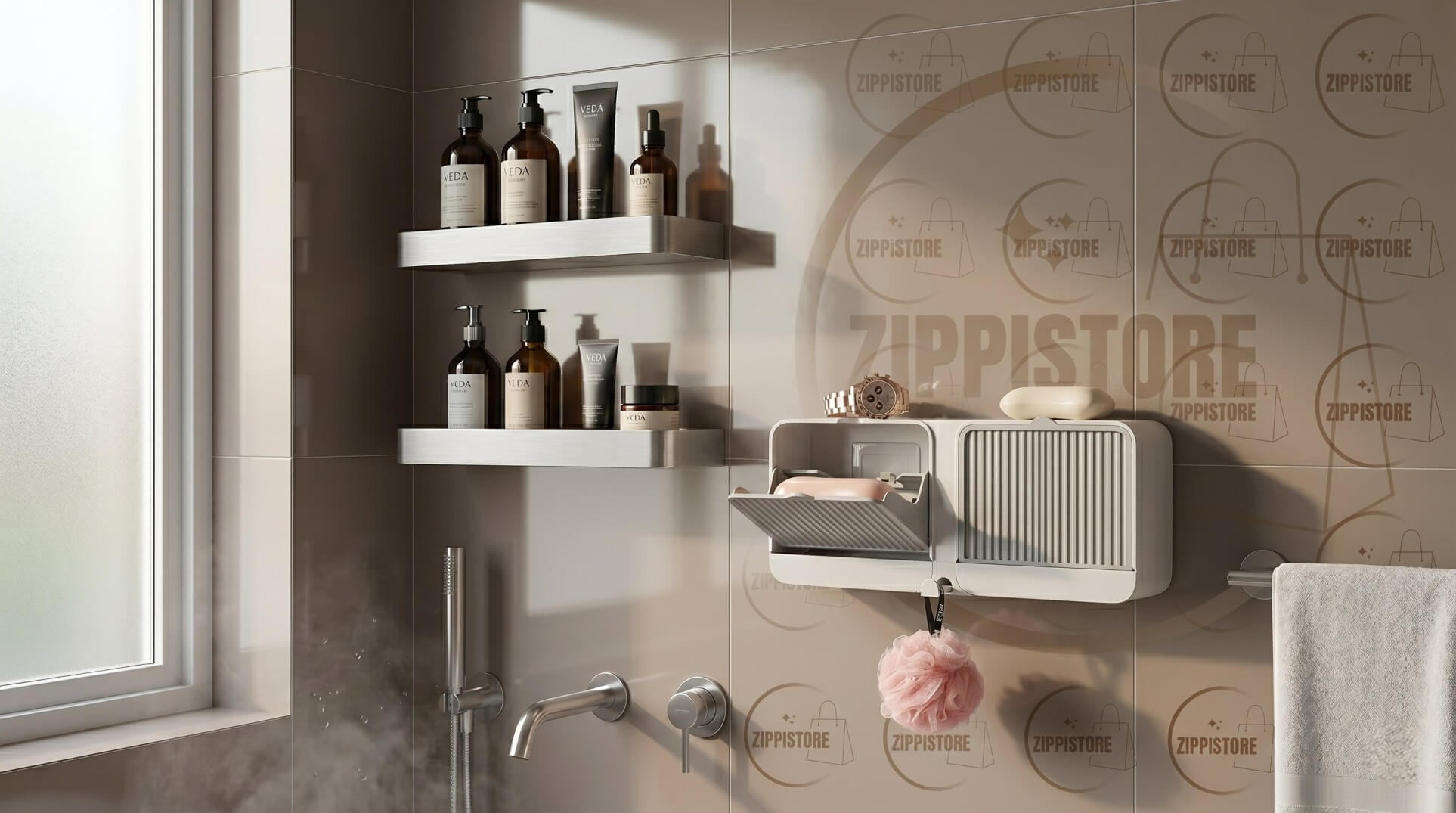 A modern, organized bathroom featuring sleek, no-drill aluminum storage shelves and wall-mounted soap holders on clean ceramic tiles.