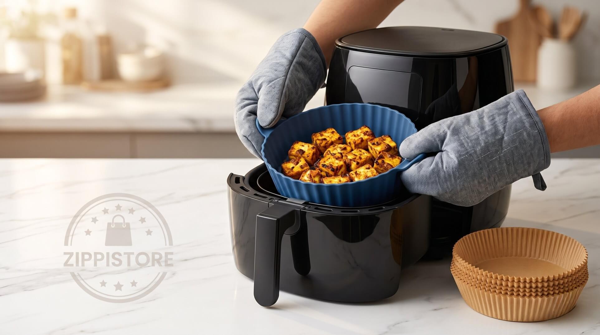 Best air fryer liners buying guide showing silicone bowl and paper sheets on a kitchen counter