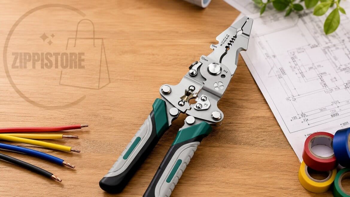 Multi-function foldable wire stripping pliers on a wooden workbench for DIY home repairs