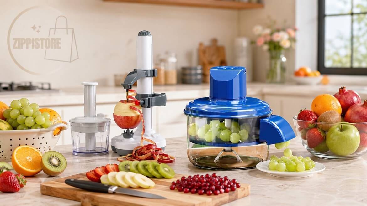 Smart kitchen tools for faster fruit preparation, including an automatic fruit peeling machine in a modern Indian kitchen.