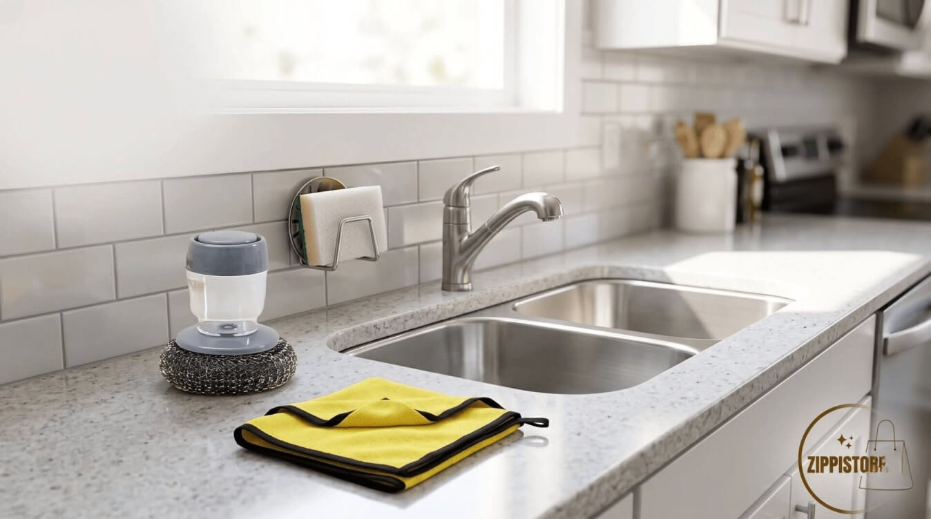 Clean and organized modern kitchen sink area with a soap dispenser and wall mounted sponge holder