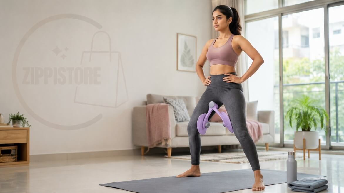 Woman using inner thigh exercise equipment during a home workout.