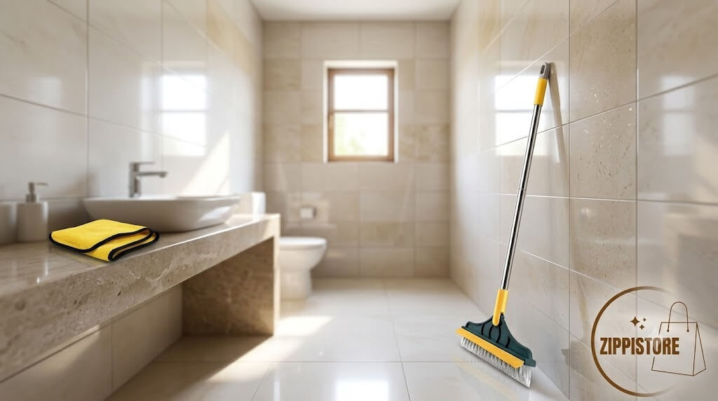 Clean Indian bathroom showing sparkling tiles and premium floor cleaning tools.
