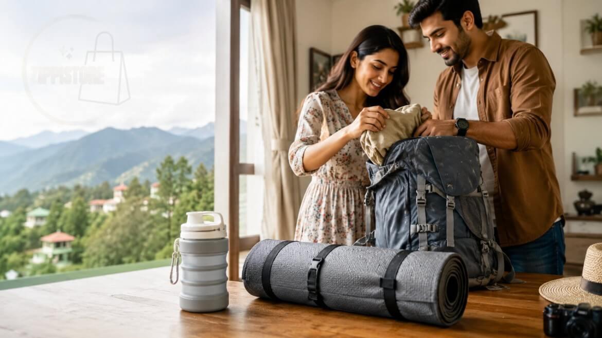 Compact travel essentials for weekend trips in India including a foldable picnic mat and reusable water bottle.