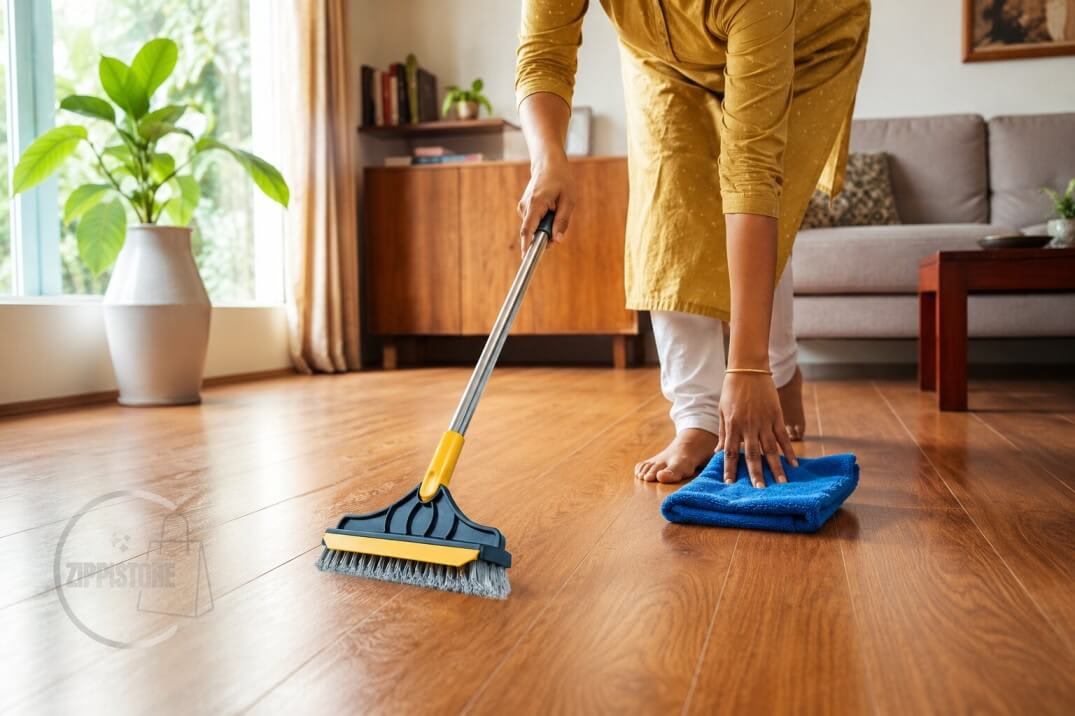 Person cleaning wooden floor with a V-shaped floor brush and microfiber cloth.