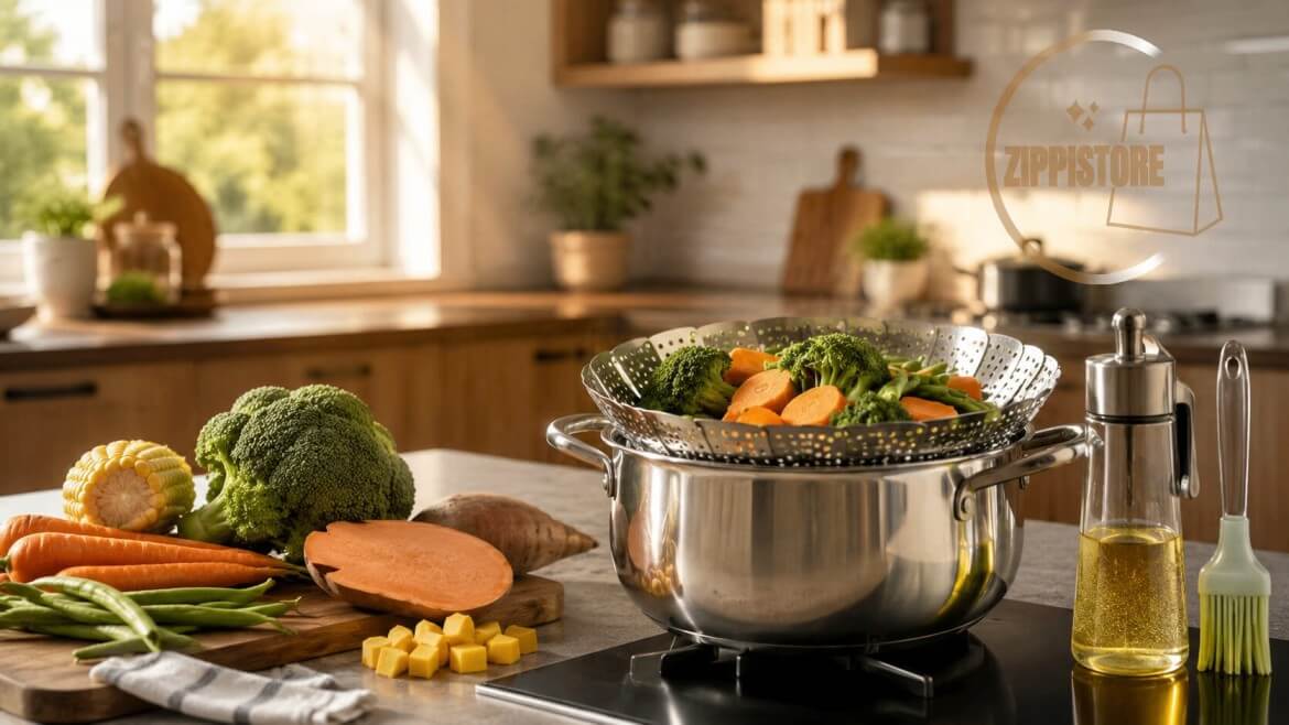 Best kitchen tools for steam cooking with a stainless steel steamer basket in a modern Indian kitchen