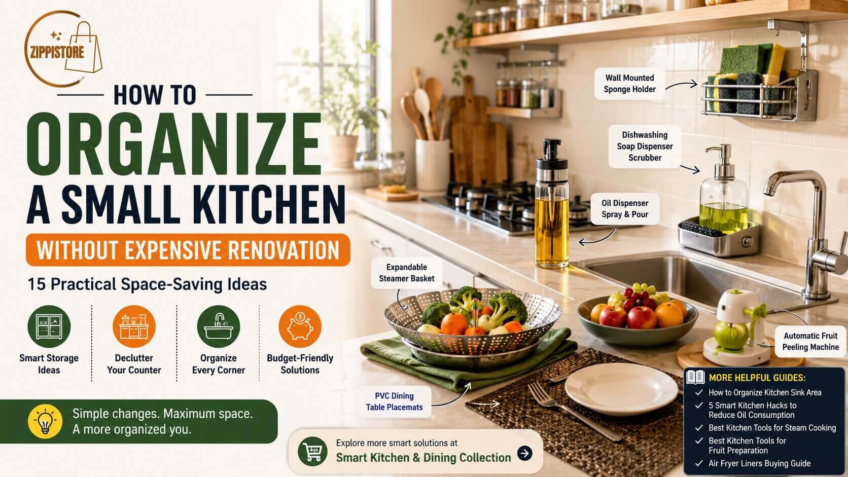 Organized small kitchen with smart space-saving storage ideas and kitchen accessories.