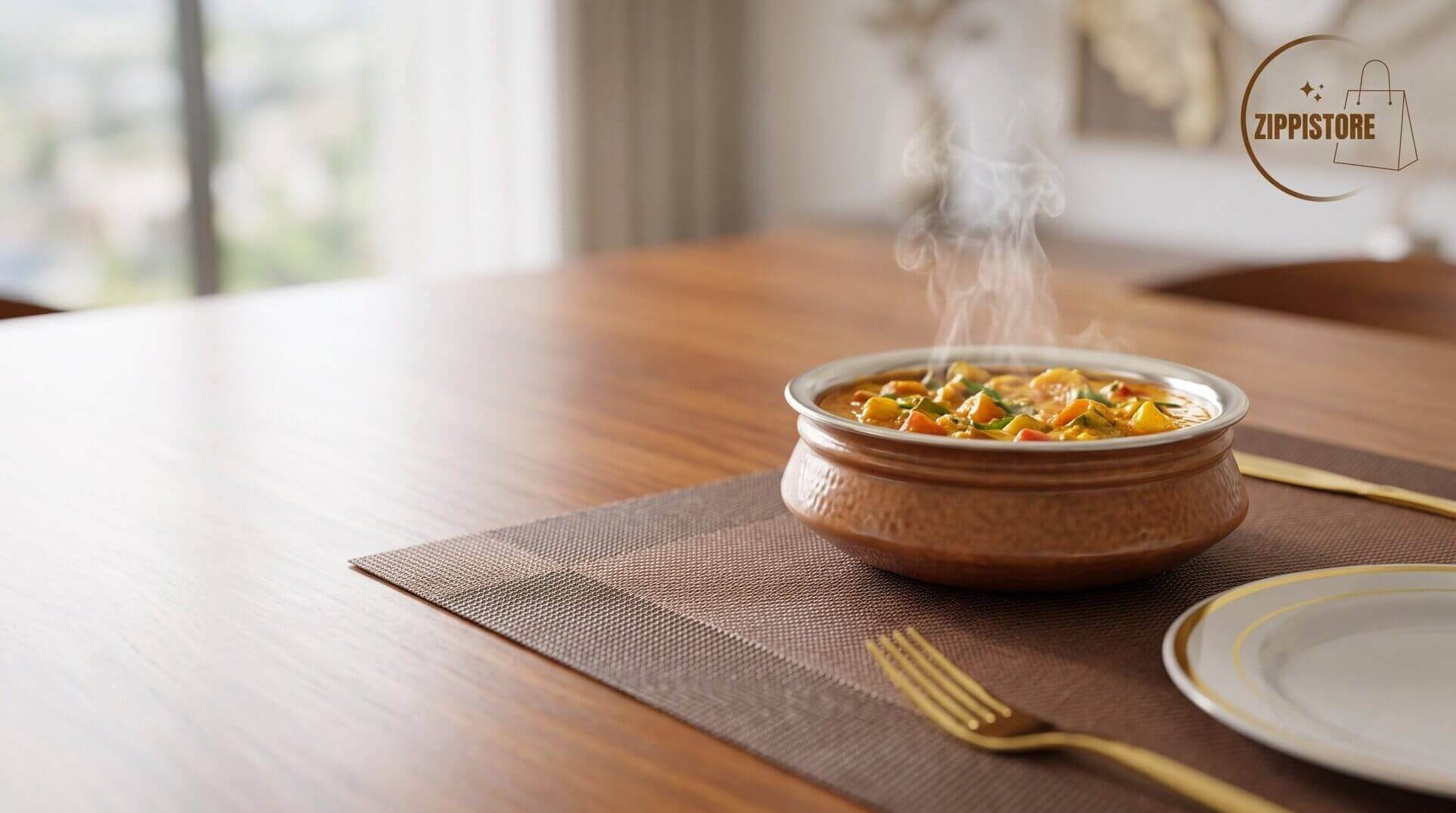 A hot serving bowl resting on a heat-resistant PVC placemat, protecting a wooden dining table.