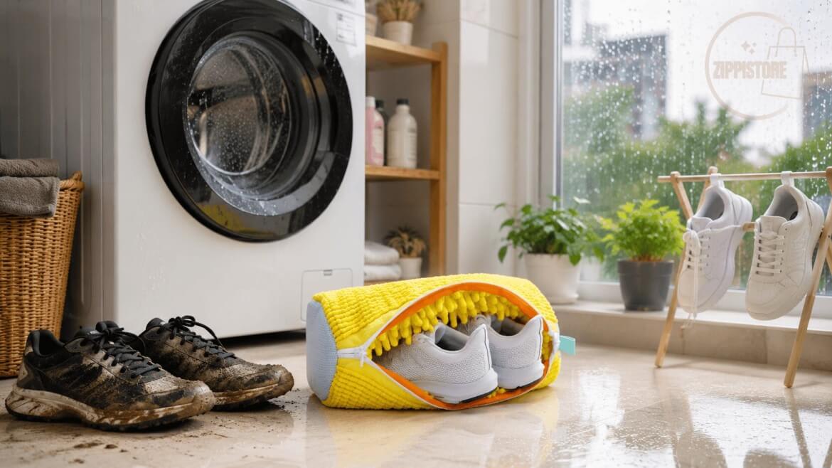 Safely washing and drying shoes during monsoon using a shoe washing bag