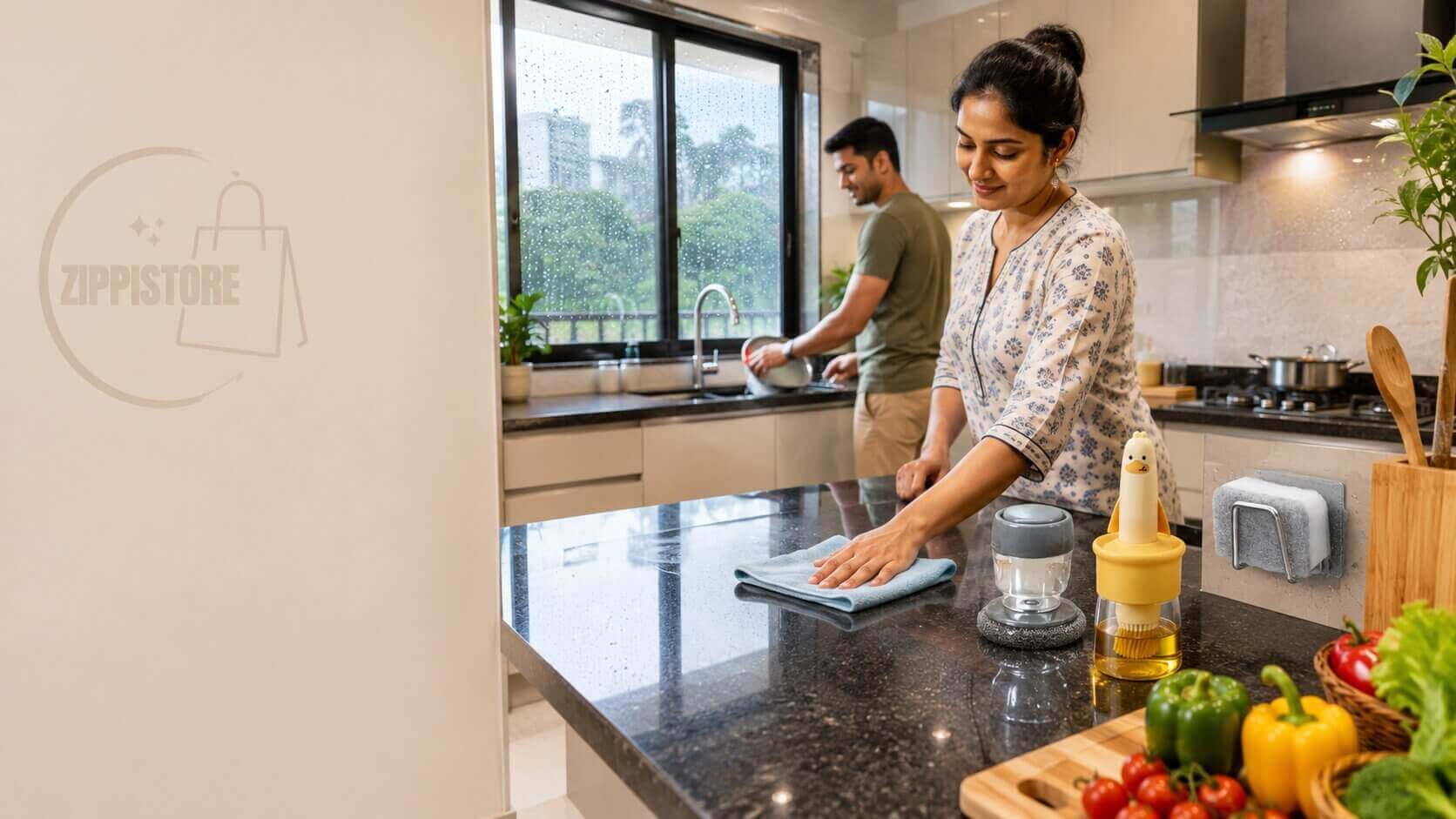 Modern Indian kitchen during monsoon with sponge holder, soap dispenser, oil dispenser, and clean countertop to maintain kitchen hygiene