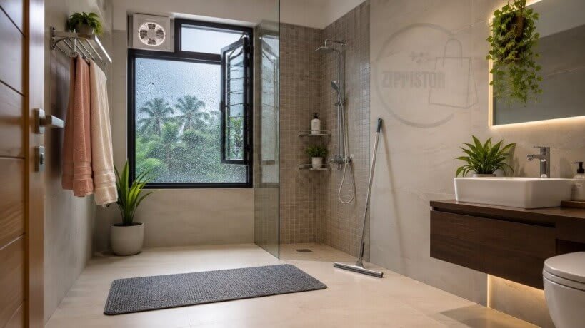 Modern Indian bathroom with a dry anti slip floor mat, rain visible outside the window, exhaust fan, floor wiper, and fresh towels, demonstrating a safe and slip free bathroom during the monsoon season.