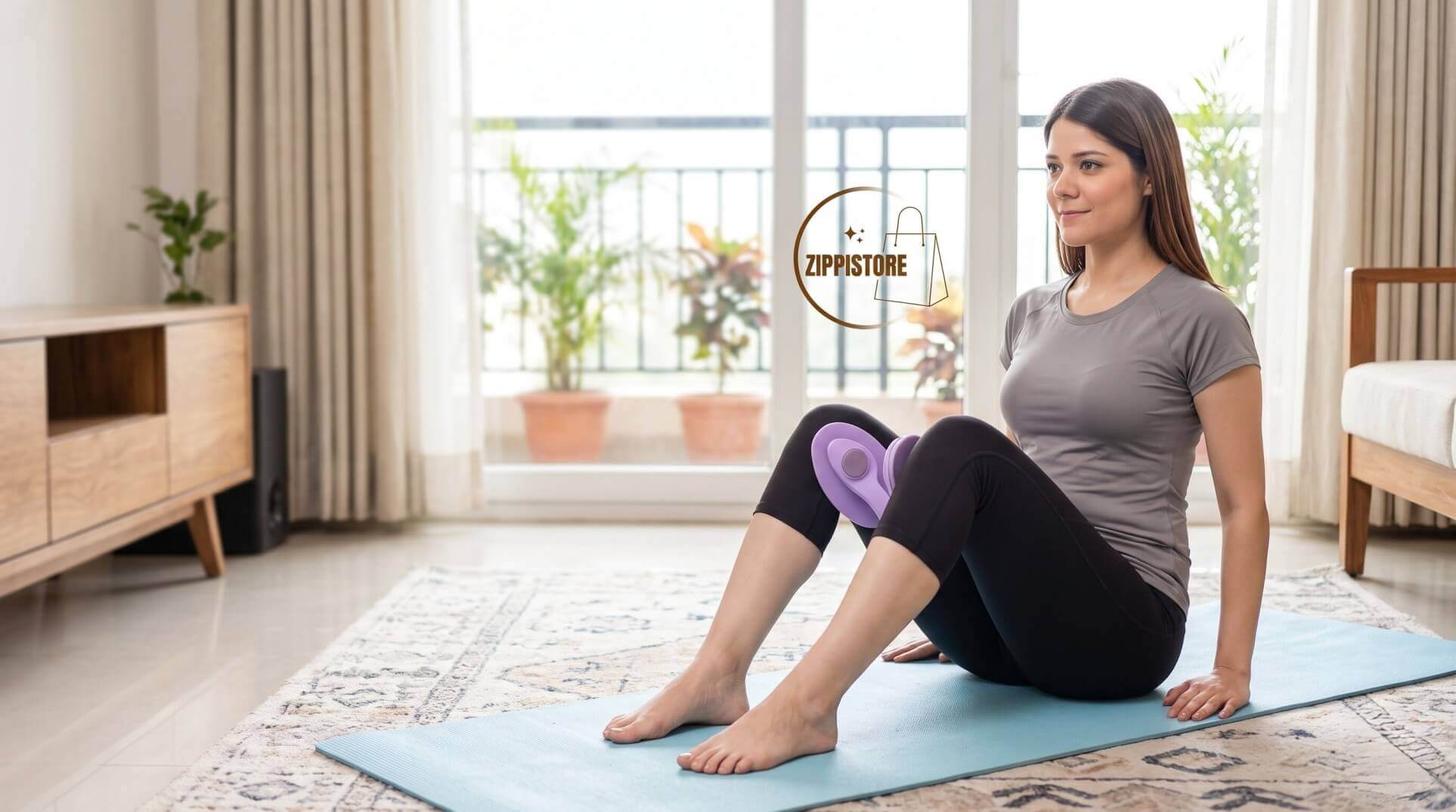 Indian woman toning her legs at home using a compact exerciser in a bright living room