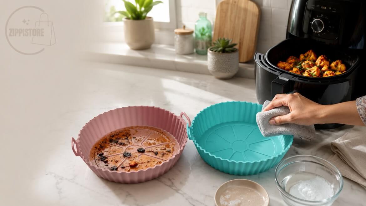 How to clean a reusable air fryer liner with a before-and-after cleaning setup in a modern kitchen