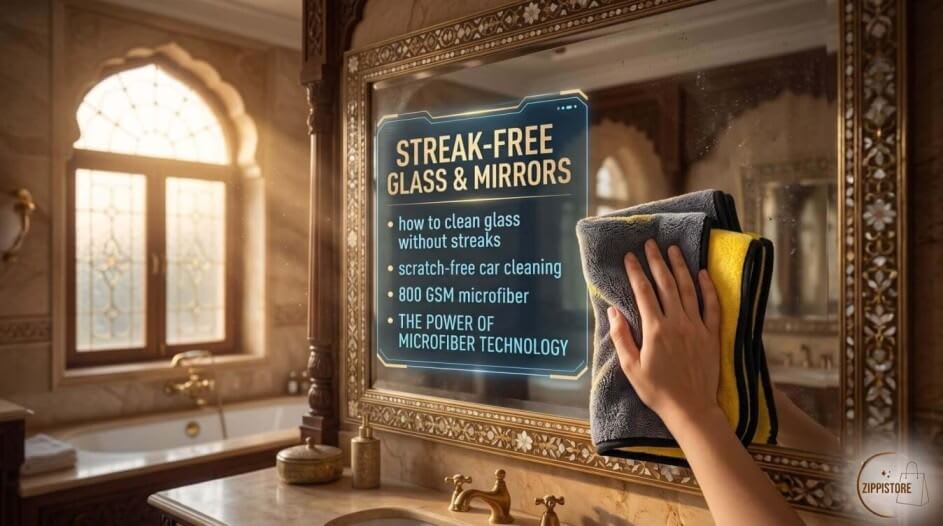Hand wiping a bathroom mirror with an 800 GSM microfiber cloth alongside a holographic streak-free text overlay.