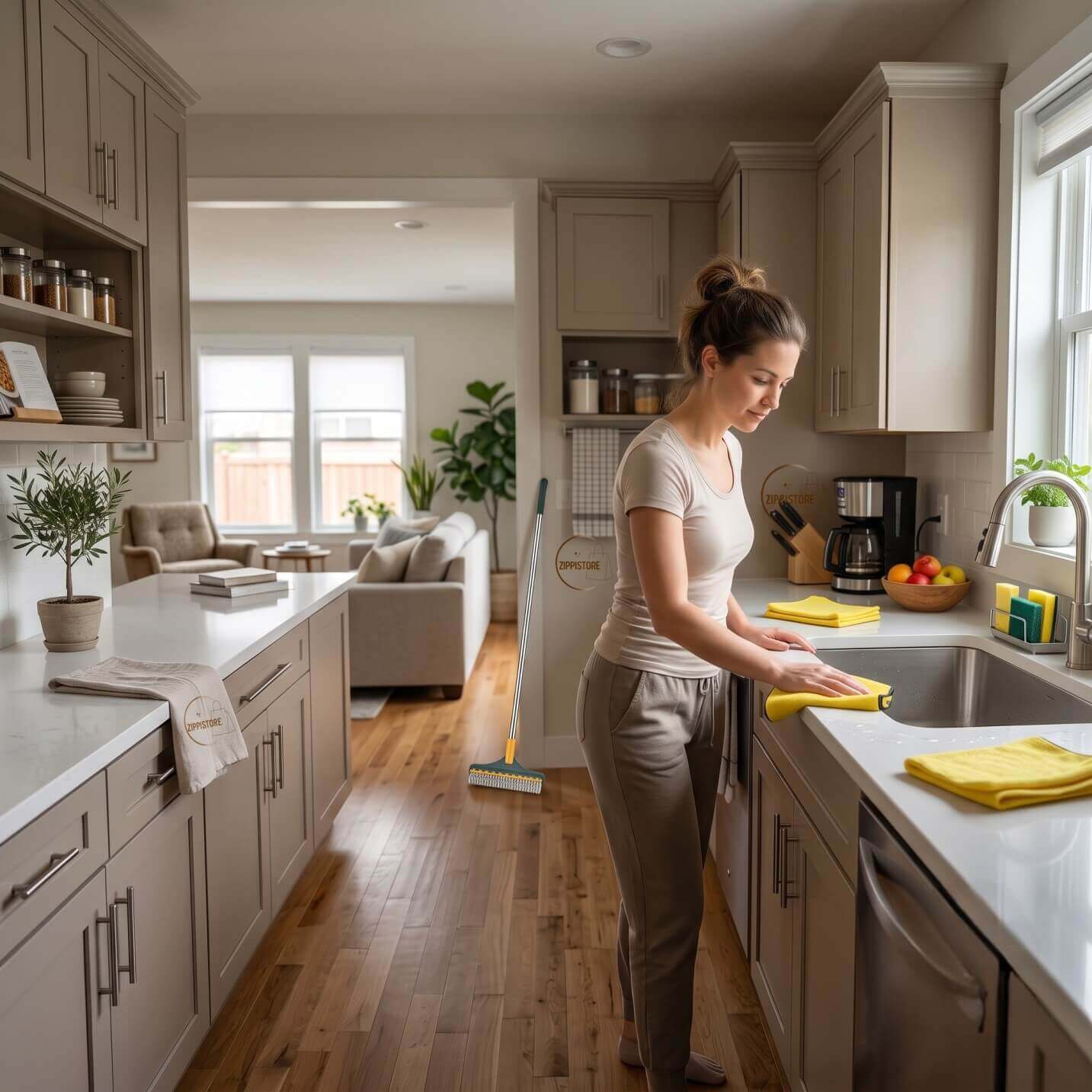 A woman cleaning a white kitchen counter and sink with a yellow microfiber cloth in a modern, open-plan home.