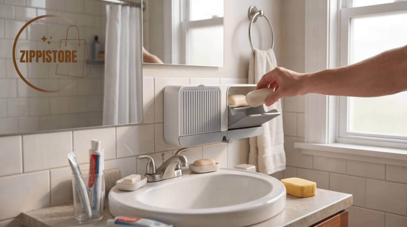 Wall-mounted double compartment soap holder with drain tray installed above a compact bathroom sink in a small modern apartment.