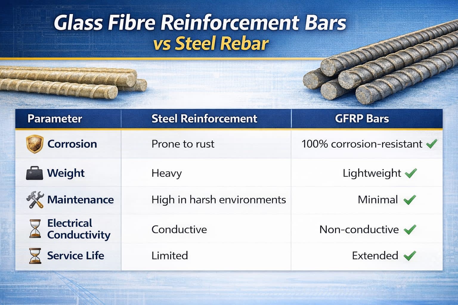 GFRP rebar vs Steel bars