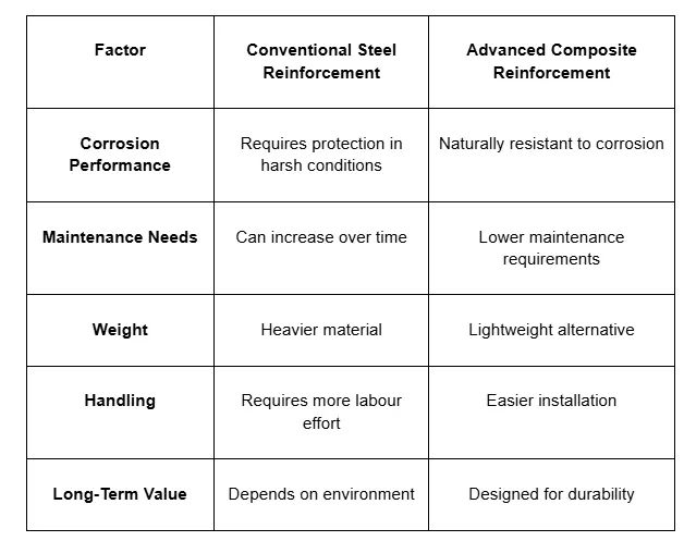 comparison between Conventional Steel Reinforcement and Advanced Composite Reinforcement