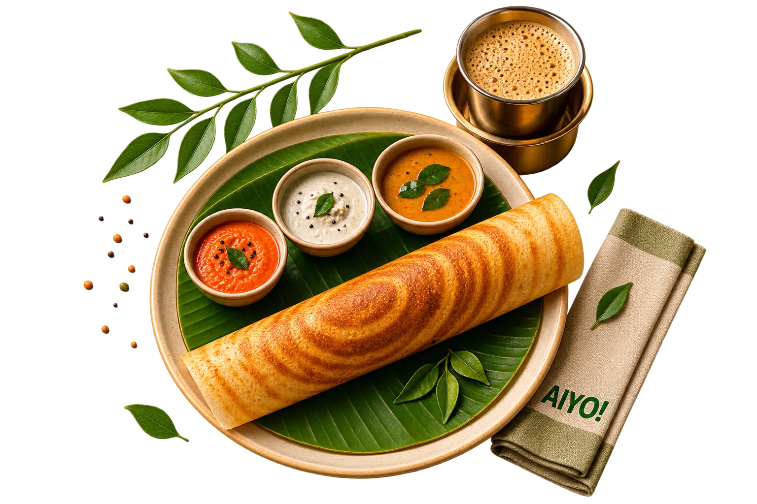 Crispy dosa served with sambar and chutneys, alongside filter coffee