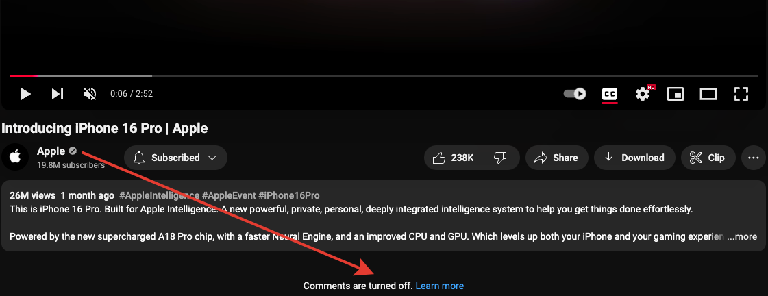 Apple's YouTube channel, comments are turned off