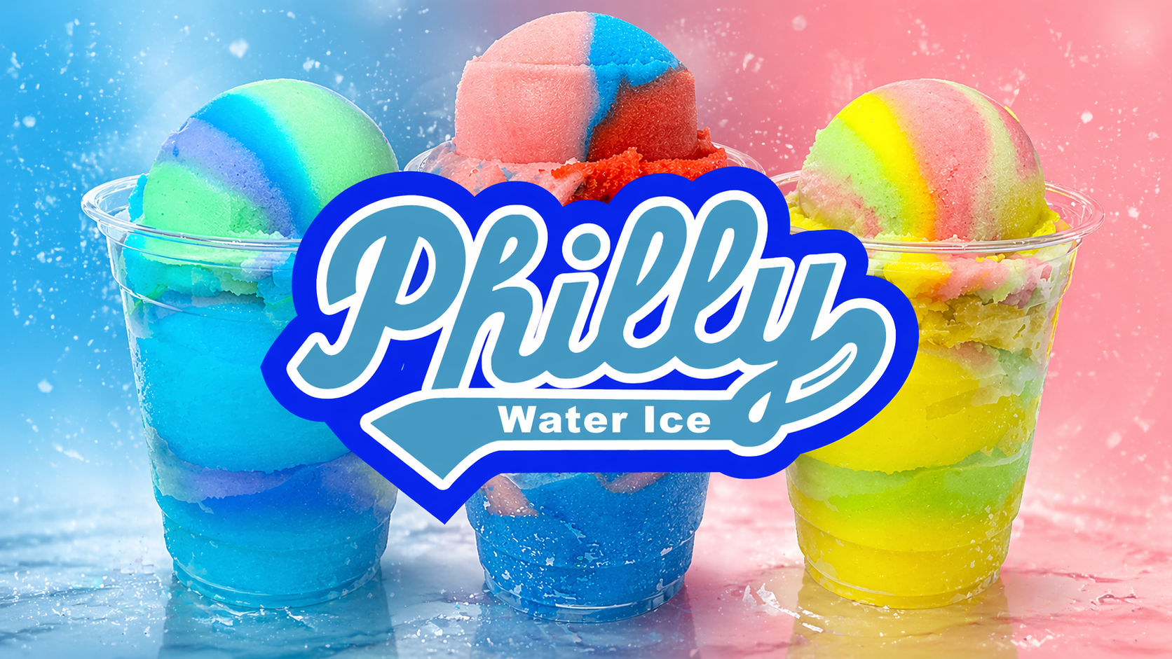 Three cups of colorful layered Philly Water Ice with logo.