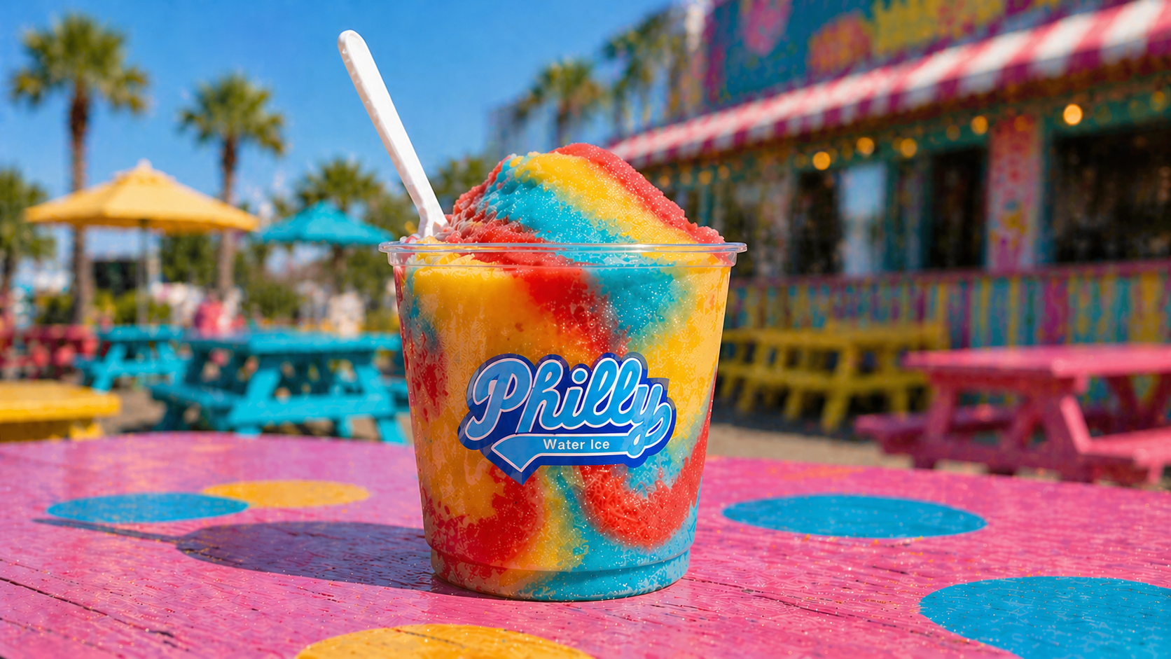 Empty Philly Water Ice cup on a colorful picnic table.
