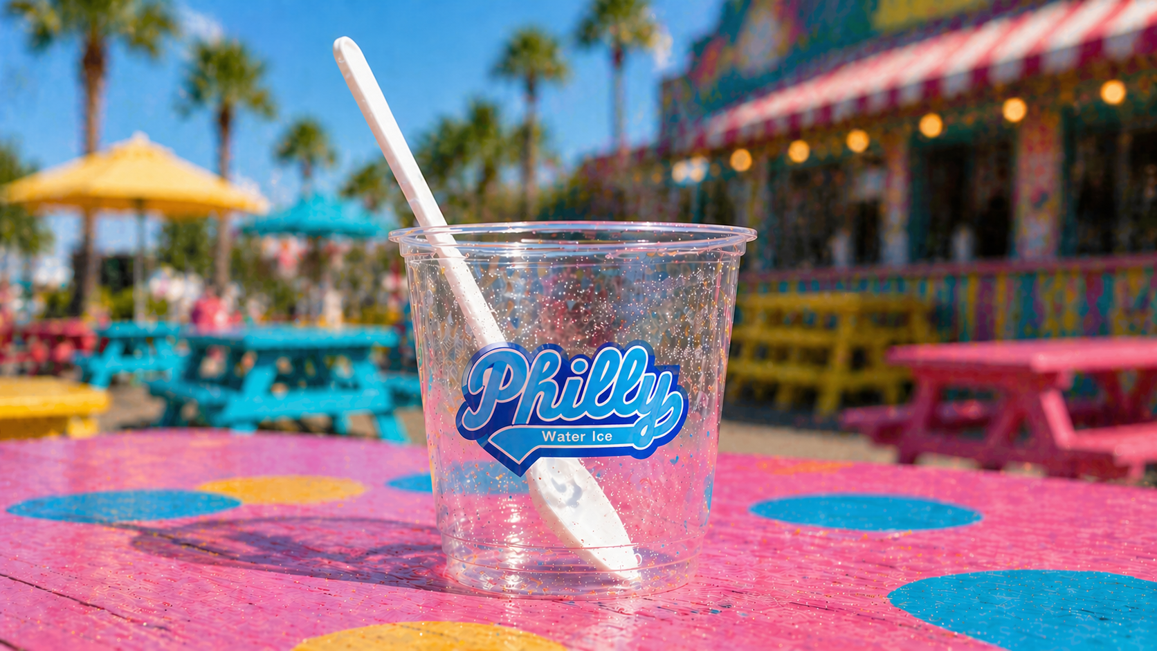 Cup of swirled red, yellow, and blue Philly Water Ice.