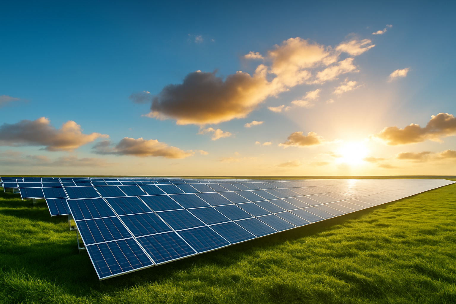 Solar panels and wind turbines at golden hour